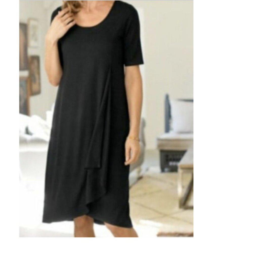 J. Jill Wearever Black Scoop Neck Short Sleeve Stretch Drape Front Dress Small